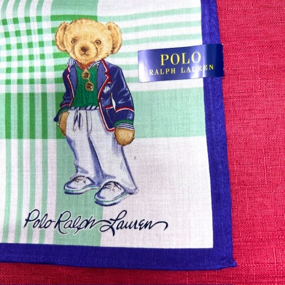 Polo Ralph Lauren  Mini Scarf Handkerchief 19: white green check with Bear (93) - Picture 4 of 7